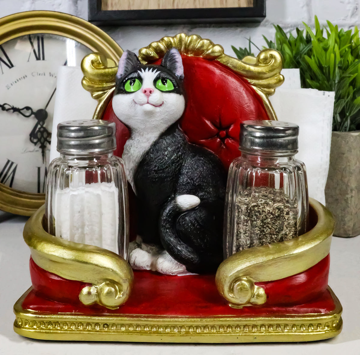 Royal Service Black and White Tuxedo Cat Napkin And Salt Pepper Shakers Holder - Ebros Gift