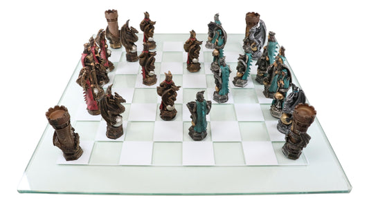 Ebros King Arthur Morgan Merlin Dragons Hand Painted Chess Pieces With Glass Board Set - Ebros Gift