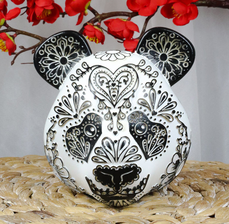 Ebros Black White Tattoo Tooled Floral Heart Panda Bear Head Day Of The Dead Figurine - Ebros Gift