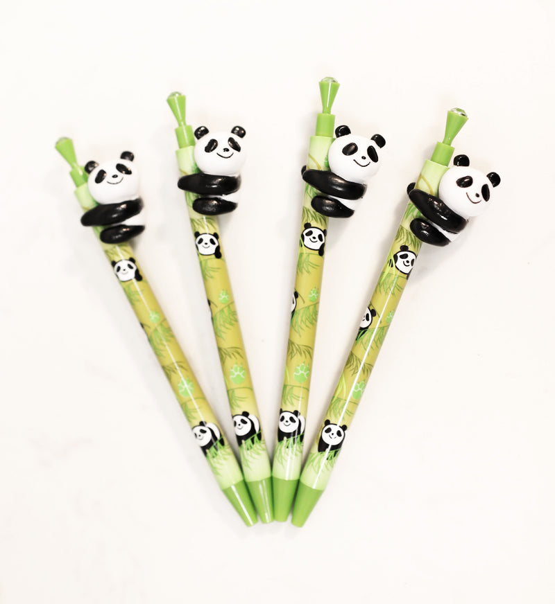 Pack Of 8 Panda Bear Cub Climbing On Bamboo Green Ballpoint Ball Black Ink Pens