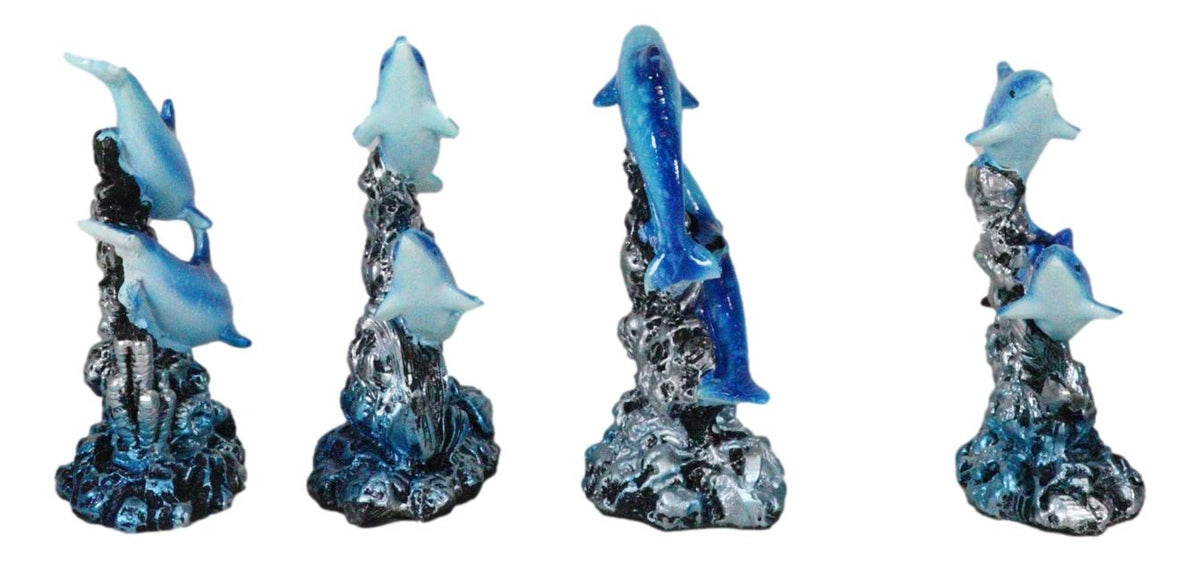 Pack Of 4 Marine Sea Blue Dolphins Swimming By Waves And Coral Reef Figurines - Ebros Gift