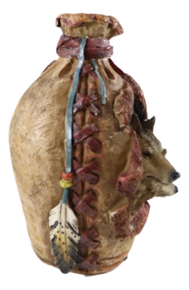 Rustic Southwestern Indian 2 Wolves Dreamcatcher Feathers Floral Vase Sculpture