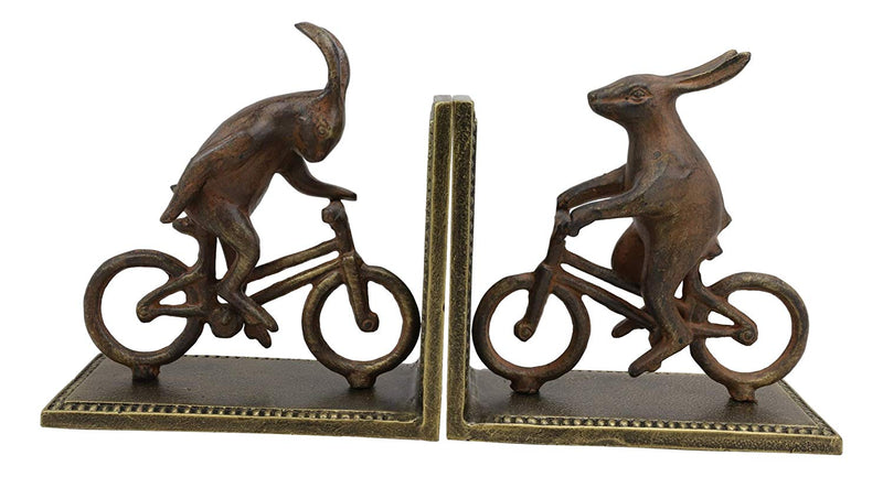 Ebros Gift Cast Iron And Aluminum Metal Whimsical Rabbit Bunnies On Bikes Bookends 7.25"Tall Set Of 2