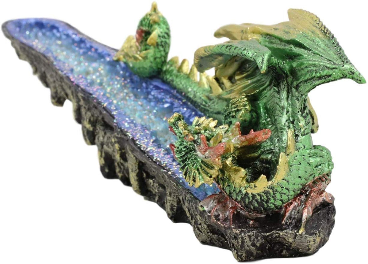 Ebros Green Jade Dragon Guarding Blue Quartz Crystal Quarry River Incense Burner - Ebros Gift