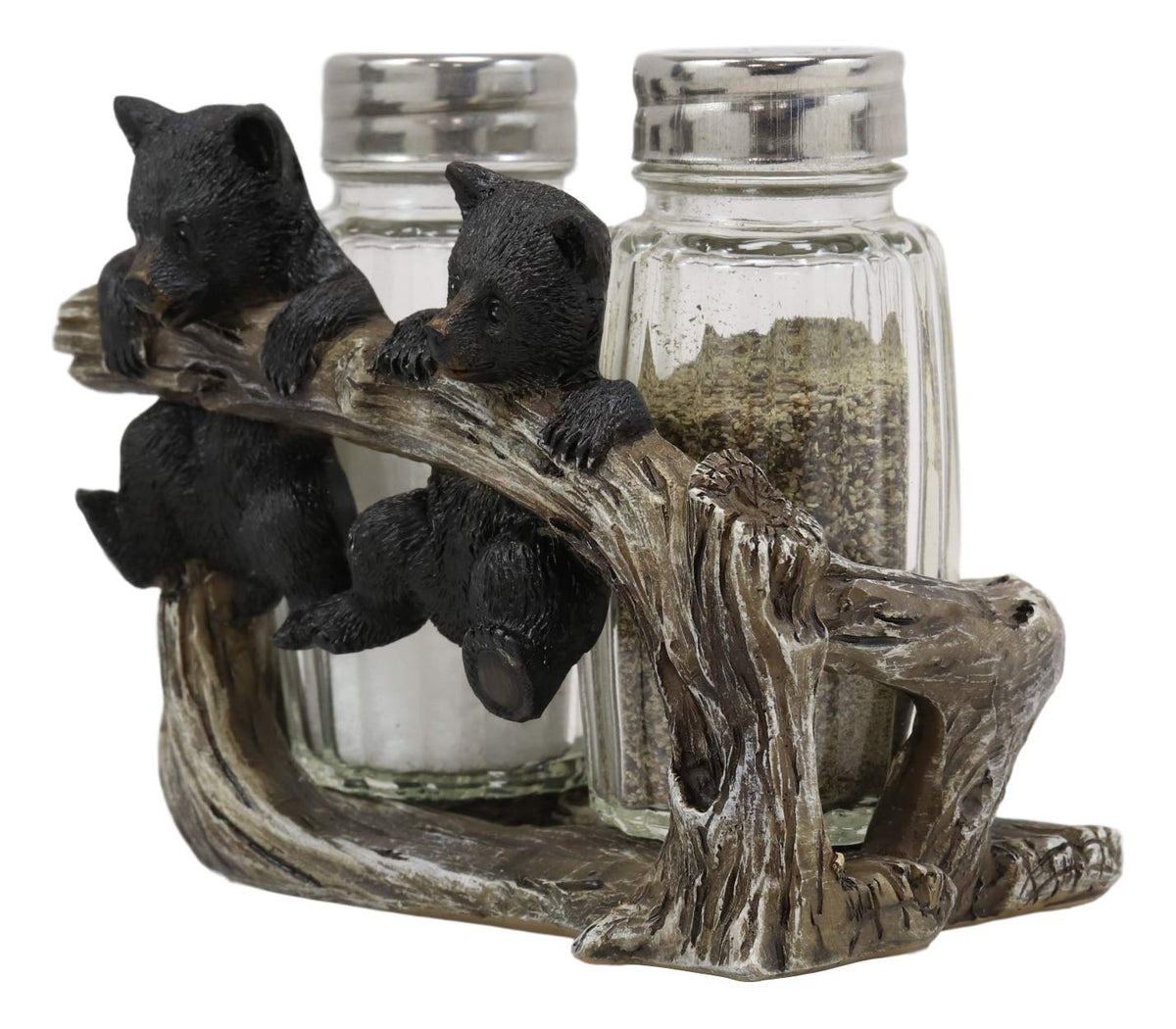 Ebros Rustic 2 Black Bear Cubs On Branch Salt & Pepper Shaker Holder Decor 5" L