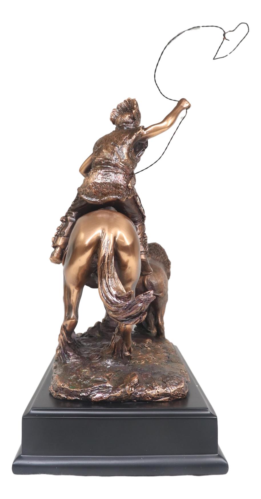 Tribal Native American Indian Hunter On Horse Roping Juvenile Bison Bull Statue - Ebros Gift