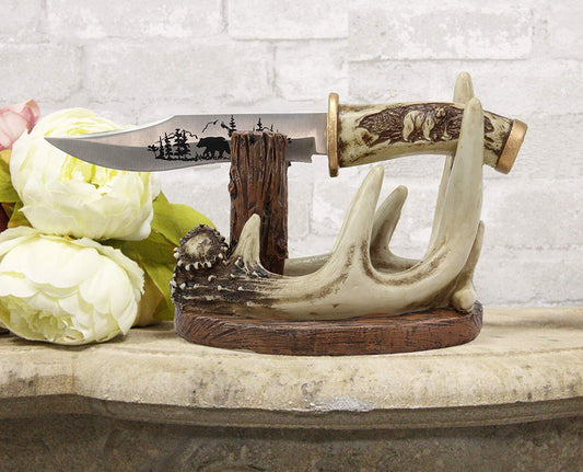 Western Rustic 8 Point Buck Stag Deer Antlers Display With Bear Sculpted Dagger