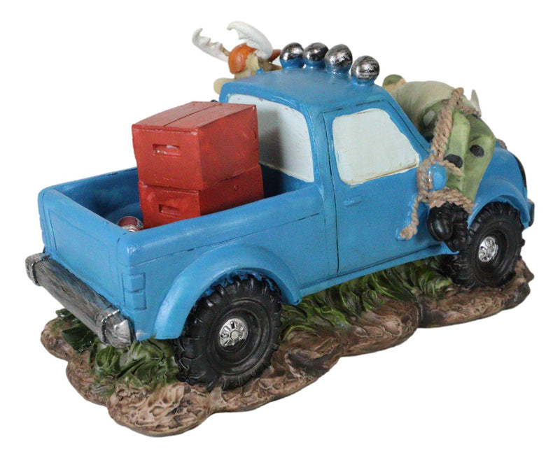 Buck Deer With Rifle In Blue Pick Up Truck With Tied Up Hunter On Hood Figurine
