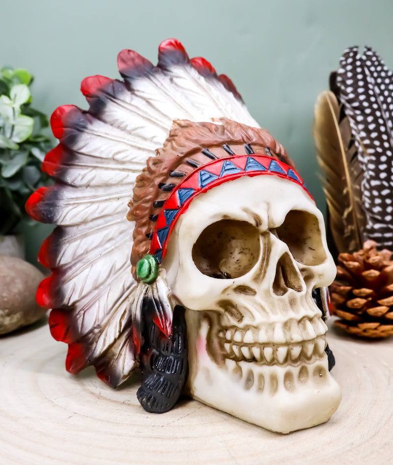Indian Chieftain Skull Statue 5.75"L Mohawk Warrior Skull With Roach Headdress