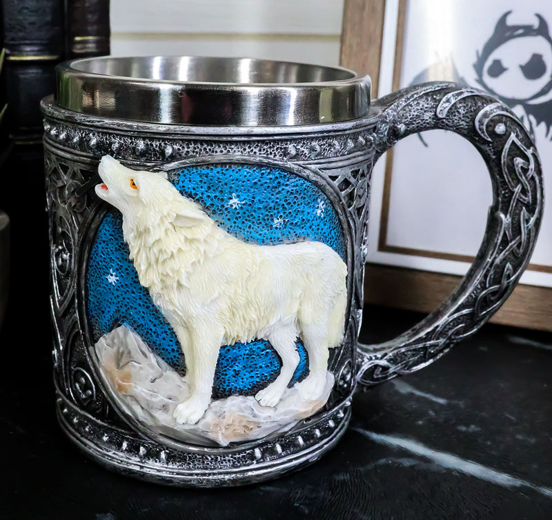 Celtic Howling Direwolf White Wolf At Starry Night Mountains Coffee Mug 14oz