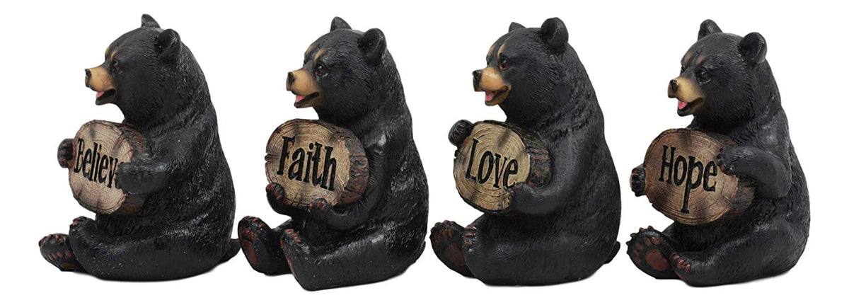 Ebros Set of 4 Inspirational Bears Statues Whimsical Cute Black Bear Holding Love Believe Faith and Hope Sign Plaque Small Figurines Western Decor Rustic Nature Lovers - Ebros Gift