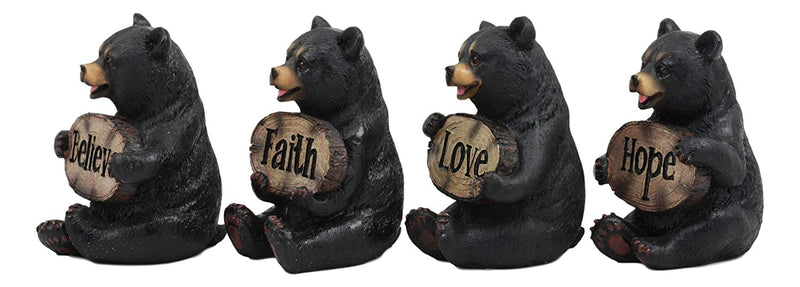 Ebros Set of 4 Inspirational Bears Statues Whimsical Cute Black Bear Holding Love Believe Faith and Hope Sign Plaque Small Figurines Western Decor Rustic Nature Lovers