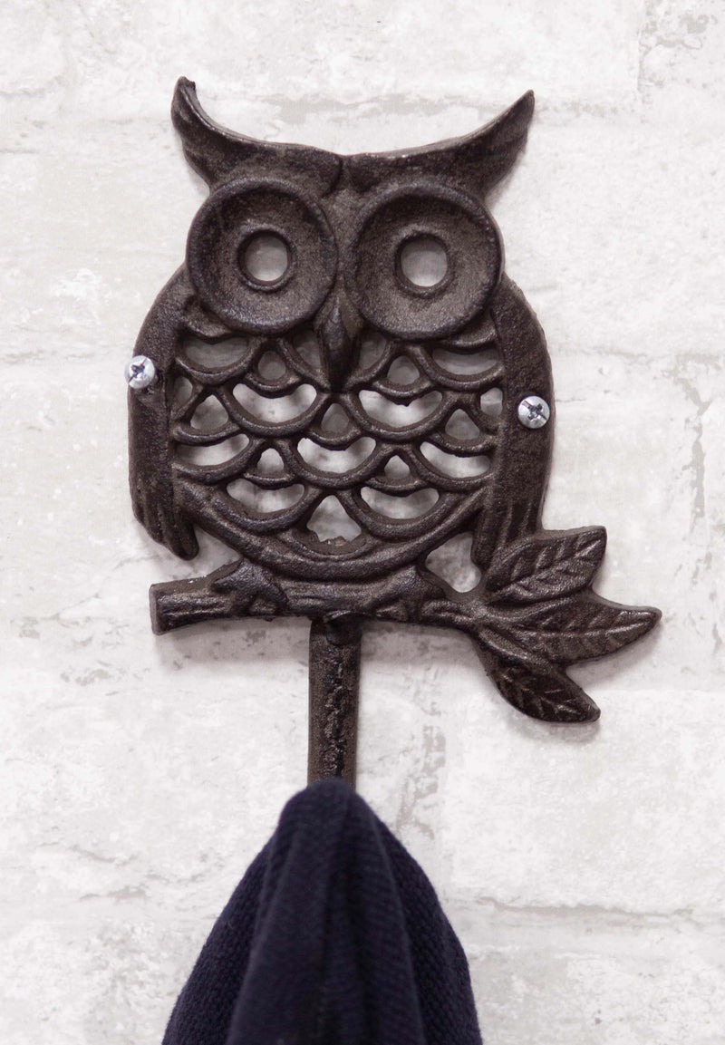 Ebros Cast Iron Rustic  Great Horned Owl On Twig Wall Coat Keys Leash Hook