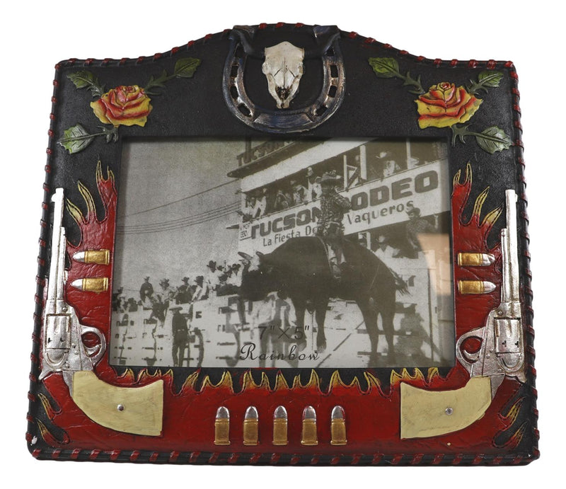 Rustic Western Cowboy Dual Gun Revolvers Horseshoe Cow Skull Photo Frame 5"X7"
