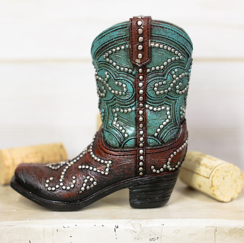 Ebros Set of 2 Western Cowboy Turquoise Boots Make Up Tools Pencil Pen Holder Figurine