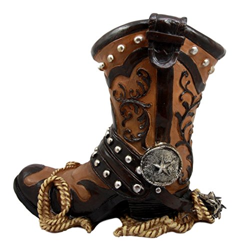 Ebros Gift Western Cowboy Boot With Spur and Lasso Decorative Flower Boquet Vase Figurine 9"H