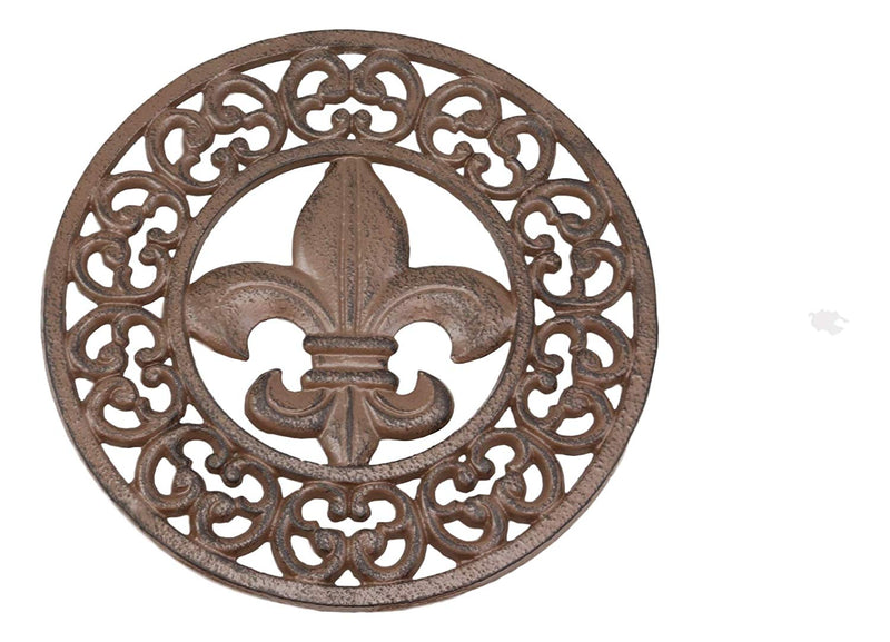 Ebros Rustic Vintage Design Round Fleur De Lis Medallion Cast Iron Trivet 10"Diameter
