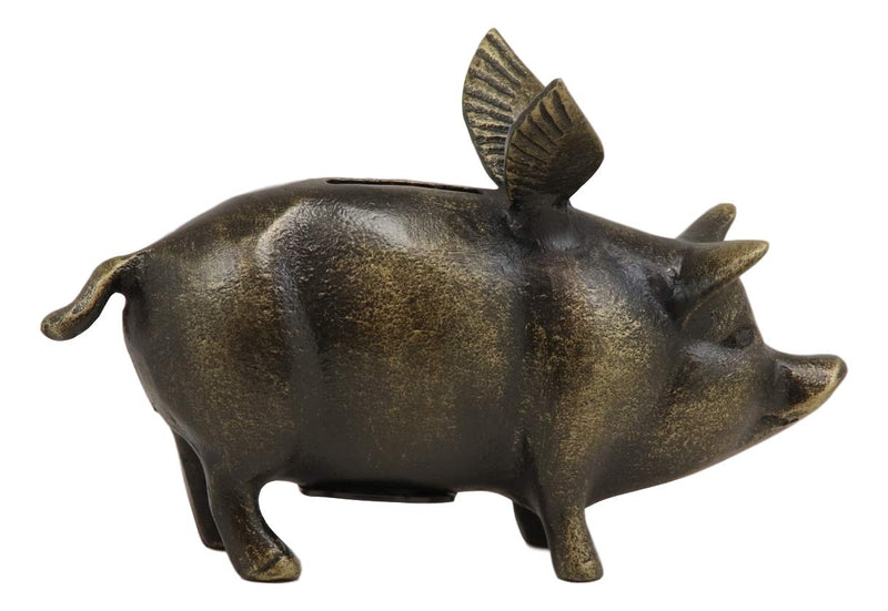 Ebros Gift 7.25" Long Rustic Decorative Whimsical Flying Pig Money Coin Piggy Bank Aluminum Sculpture Country Farm Swines Pigs Porky Bacon Themed Savings Banks Collectible Figurine