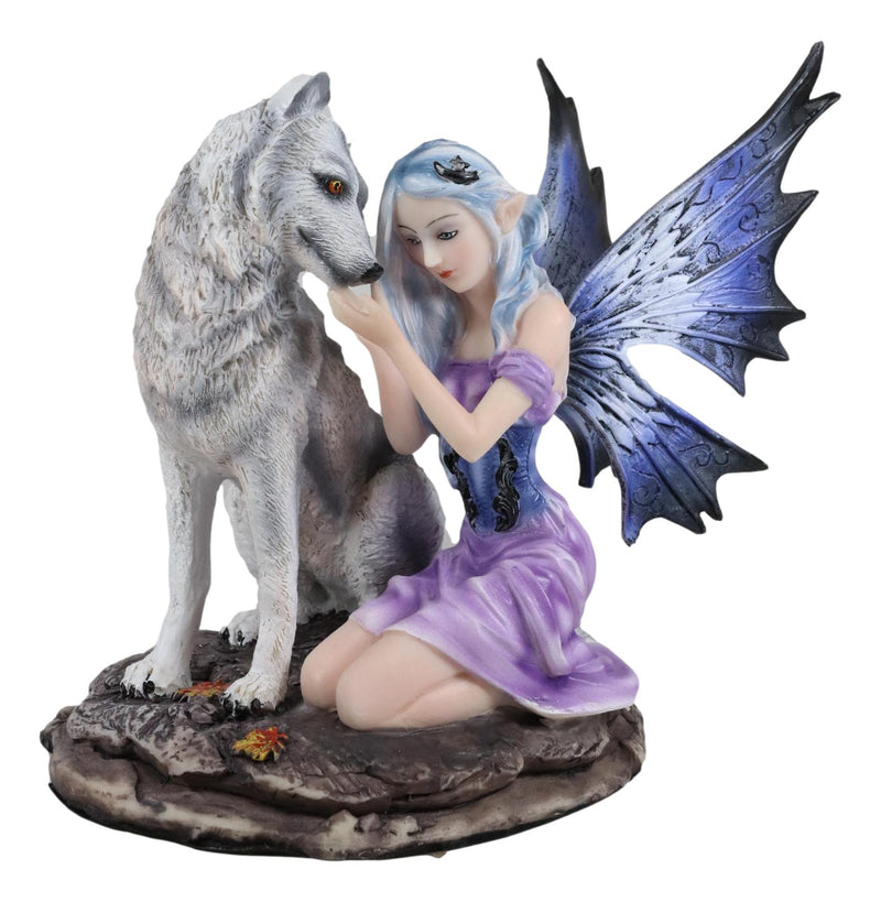 Ebros Fairy With Wolf 6.25"H Primrose Fairy Kneeling With Arctic Wolf Figurine