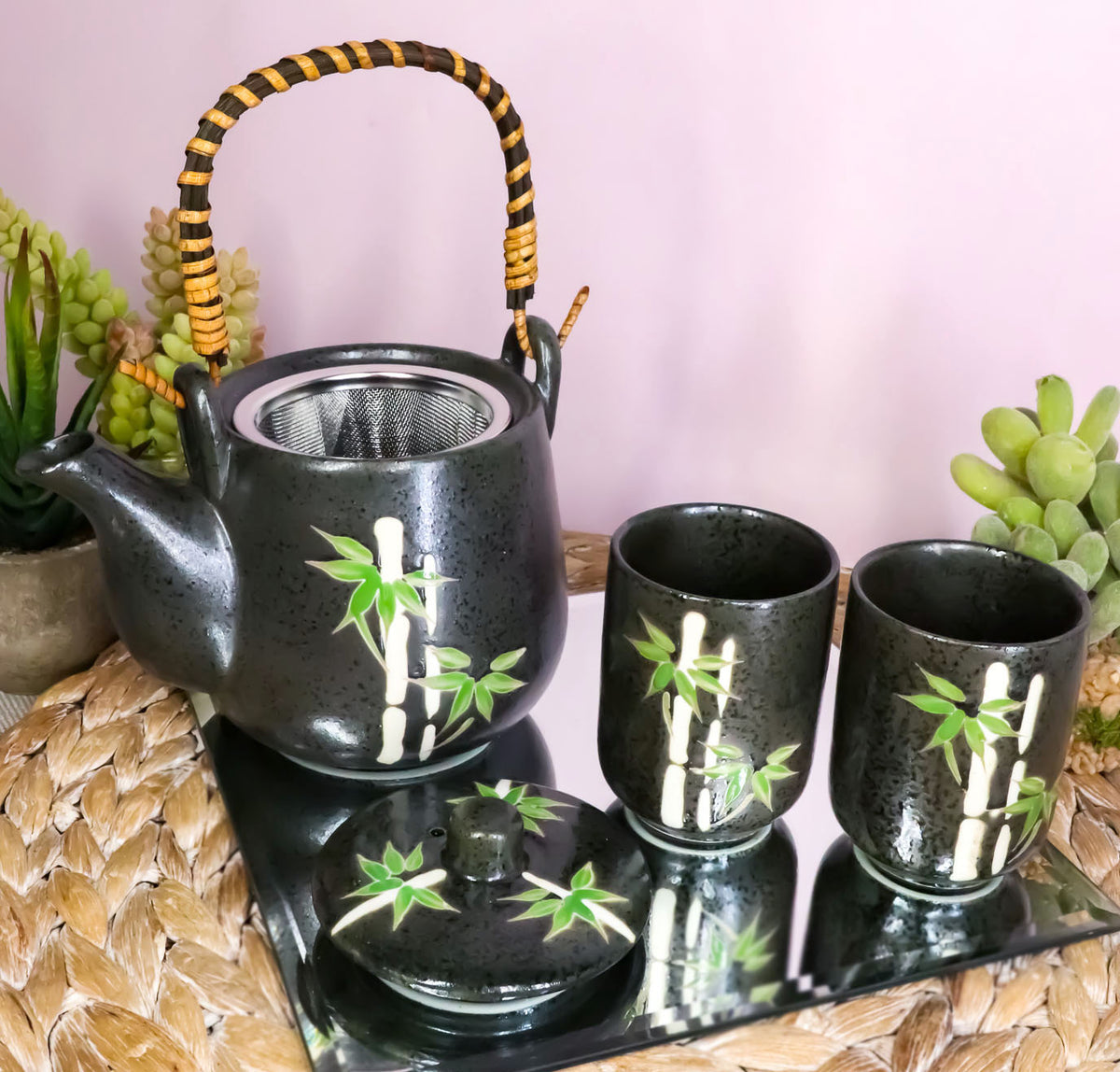 Ebros China Winter Lucky Bamboo Design Porcelain Black 20oz Tea Pot and 4 Cups Set - Ebros Gift