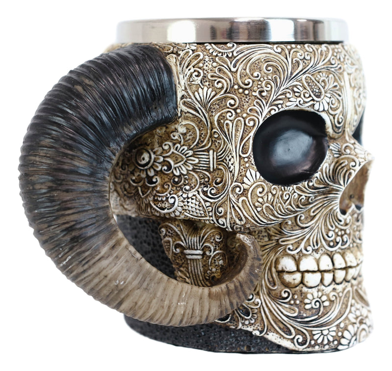Ram Horned Tribal Floral Lace Tooled Skull Beer Stein Tankard Coffee Cup Mug