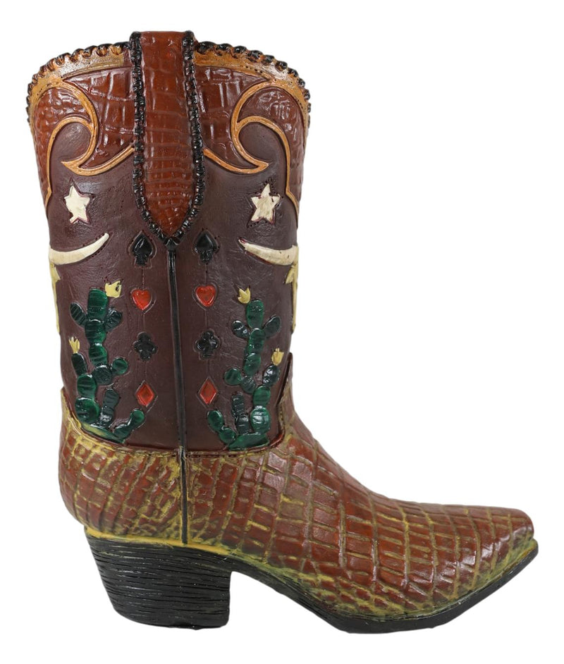 Rustic Western Texas Longhorn Faux Crocodile Prints Cowboy Boot Vase Figurine