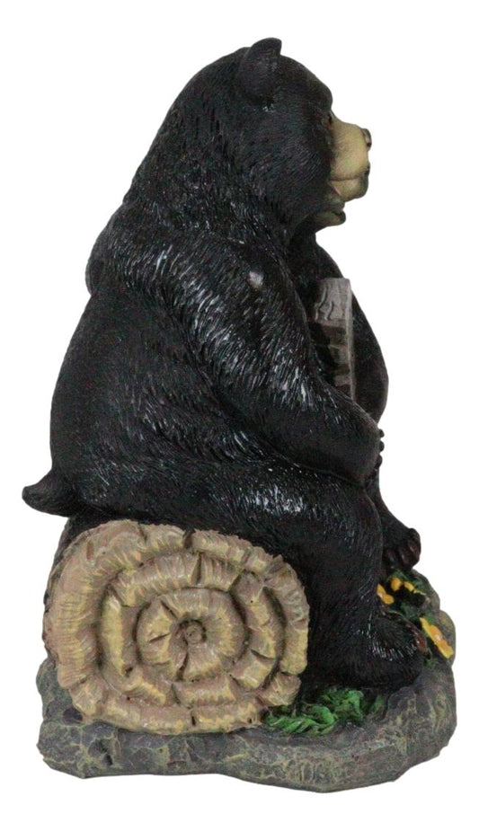 Whimsical Black Bears Couple On Tree Log You're My Happy Place Sign Figurine
