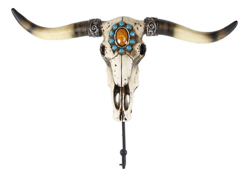 Western Indian Turquoise Sunstone Replica Bull Steer Cow Skull Wall Hook Decor