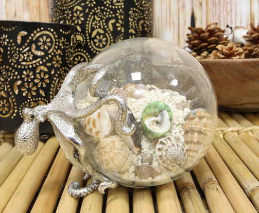 Sea Octopus Pulling Glass Globe Ball With Sand Seashells And Beach Ornaments