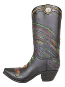 Western Country Floral Rooster Faux Tooled Leather Cowboy Boot Vase Figurine
