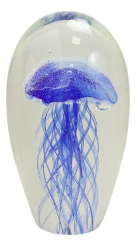 Marine Glow In The Dark Blue Jellyfish 6"H Glass Egg With Color LED Base Display
