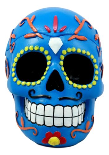 Ebros Dulce De Muerte Day of The Dead Blue Sugar Skull Ashtray Tribal Tattoo Skull Jewelry Box Figurine 6"Long