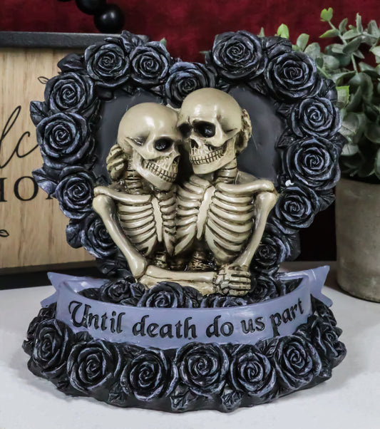 Love Never Dies Black Wedding Roses Heart Wreath Skeleton Couple Figurine Decor - Ebros Gift