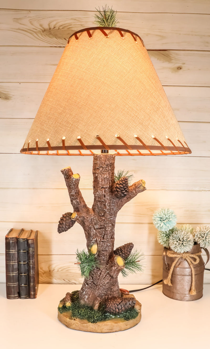 Ebros Large 26.75"H Rustic Cabin Lodge Mountain Vintage Design Decor Pine Tree Needles Pinecones and Bark Textured Side Table Lamp Statue with Shade