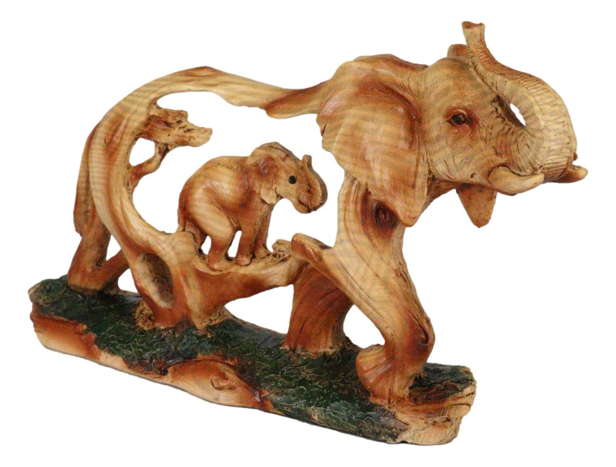 Faux Wood Elephant Family Migration Elephant Walking With Baby Calf Statue 7"L - Ebros Gift