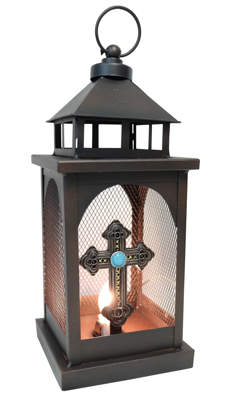 European Rustic Western Turquoise Scroll Cross Electric Metal Lantern Lamp