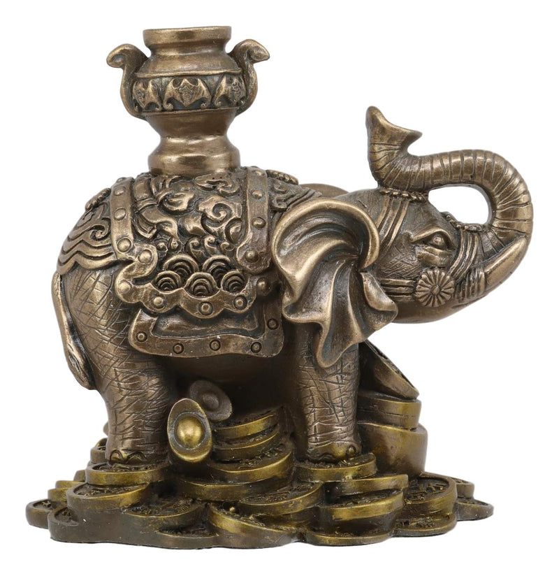 Ebros Feng Shui Auspicious Elephant With Trunk Up Standing On Gold Ingot Coins Statue