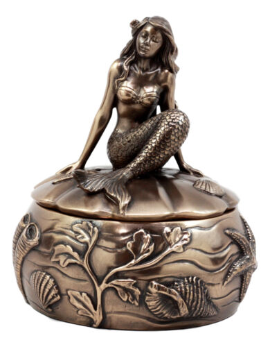 Wishing Mermaid Rounded Jewelry Box Figurine 5.5"H Coastal Reed Marine Decor