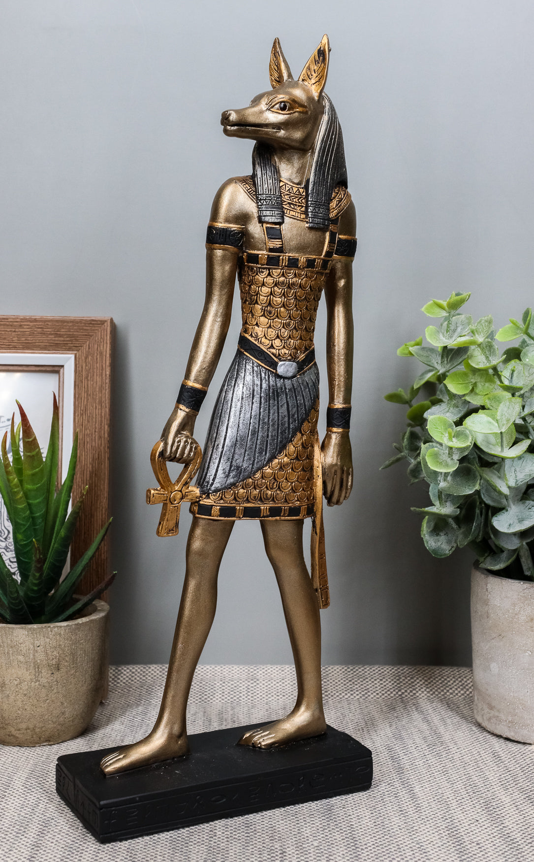 Egyptian God Of The Dead Anubis Holding Ankh & Staff Slim Profile Figurine 10" H