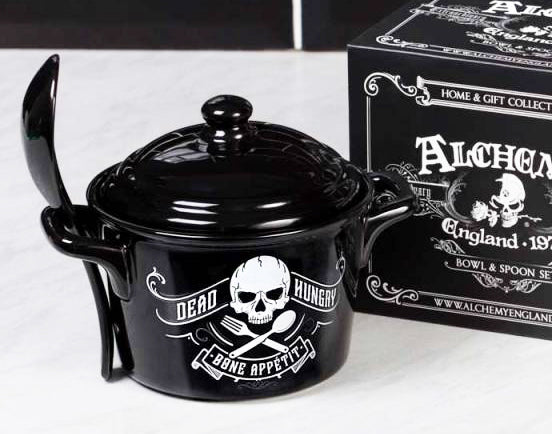 Macabre Dead Hungry Skull Bone Appetit Fine Bone China Bowl With Spoon And Lid - Ebros Gift