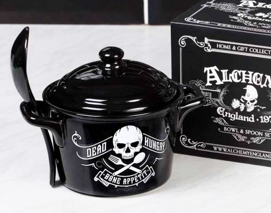 Macabre Dead Hungry Skull Bone Appetit Fine Bone China Bowl With Spoon And Lid - Ebros Gift
