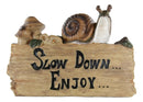 Helix Shell Snail By Mushrooms On Trunk Log With Slow Down Enjoy Sign Figurine