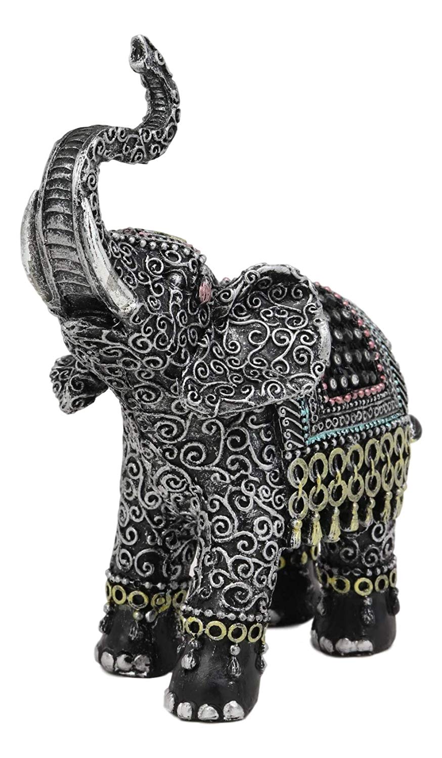 Ebros Feng Shui Scroll Art With Tapestry Pattern Trunk Up Trumpeting Elephant Statue - Ebros Gift