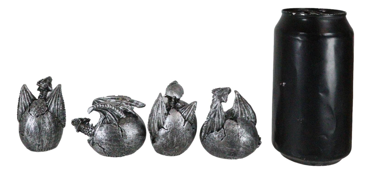 Set of 4 Silver Whimsical Wyrmling Baby Dragon Egg Hatchlings Mini Figurines