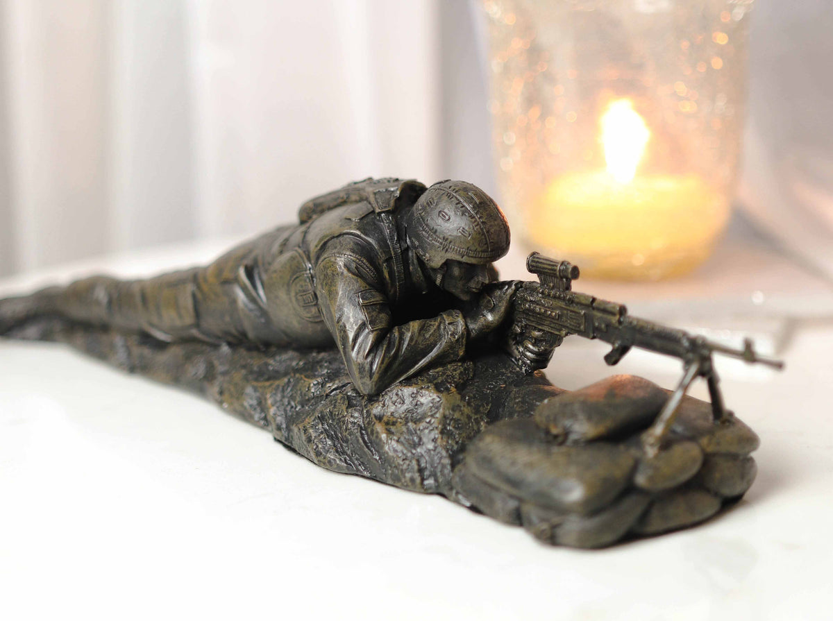 War Marine Scout Sniper Soldier With Long Range Rifle Gun On Tripod Stand Statue