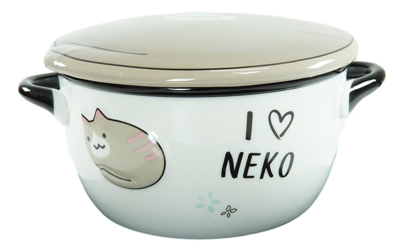 Pack Of 2 Brown Maneki Neko Lucky Cat Porcelain Kids Food Bowls W/ Lid 25Oz