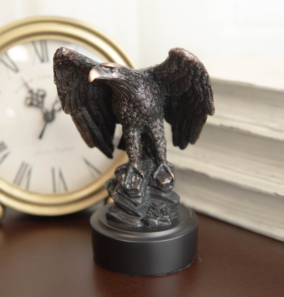 Ebros Surveyor Bald Eagle With Open Wings On Rock Electroplated Resin Statue - Ebros Gift