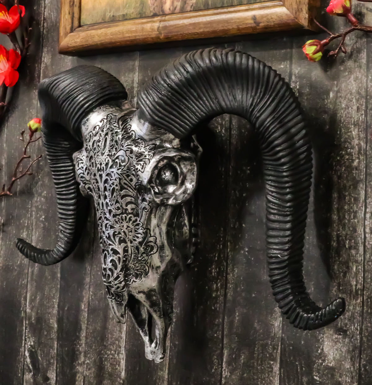 Silver Tribal Floral Vines Tooled Filigree Corsican Ram Cow Skull Wall Decor