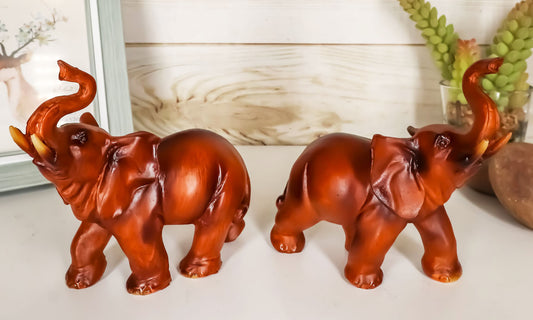 Ebros Faux Wood Feng Shui Elephant with Trunk Up Statue Set of 2 Thai Buddhism - Ebros Gift