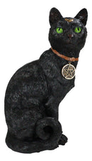Wicca Witchcraft Green Eyed Moon Black Cat With Pentagram Necklace Figurine